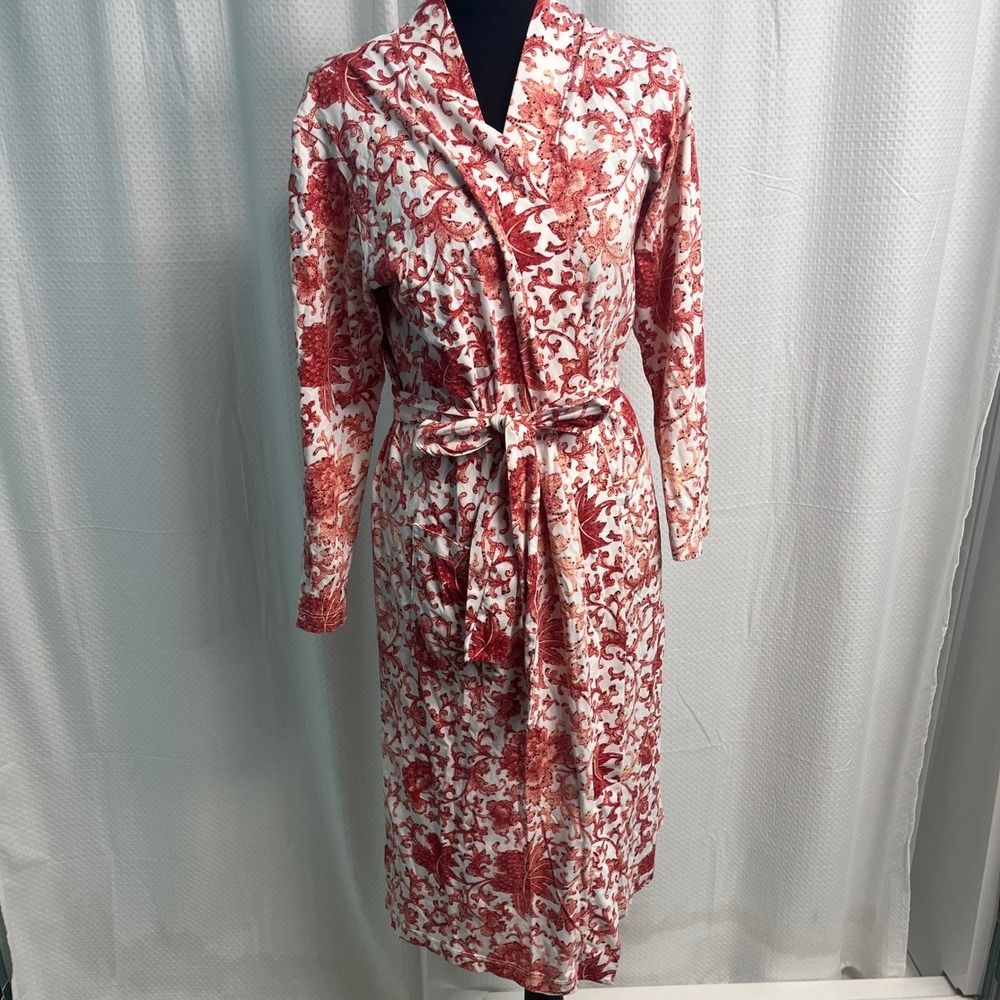 Peruvian Connection Red Floral Pima Cotton Wrap Robe Shawl Collar Loungewear